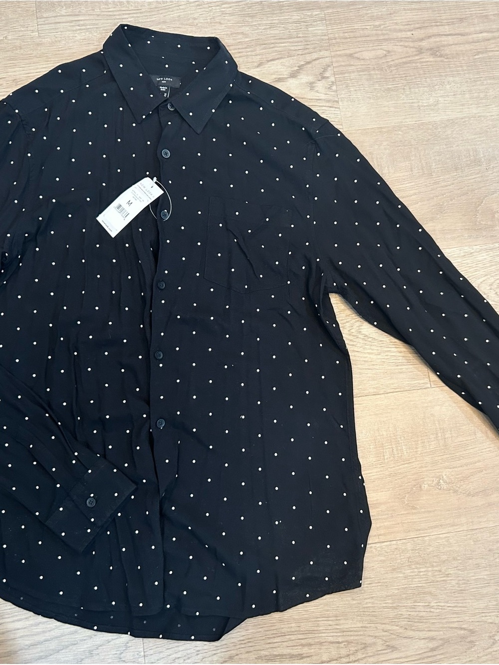 Men’s Button Down Black Shirt with White Polka Dots NWT